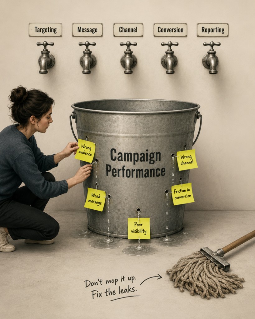 Campaign performance leaks illustrated as water escaping from a bucket labelled with targeting, message, channel, conversion and reporting issues